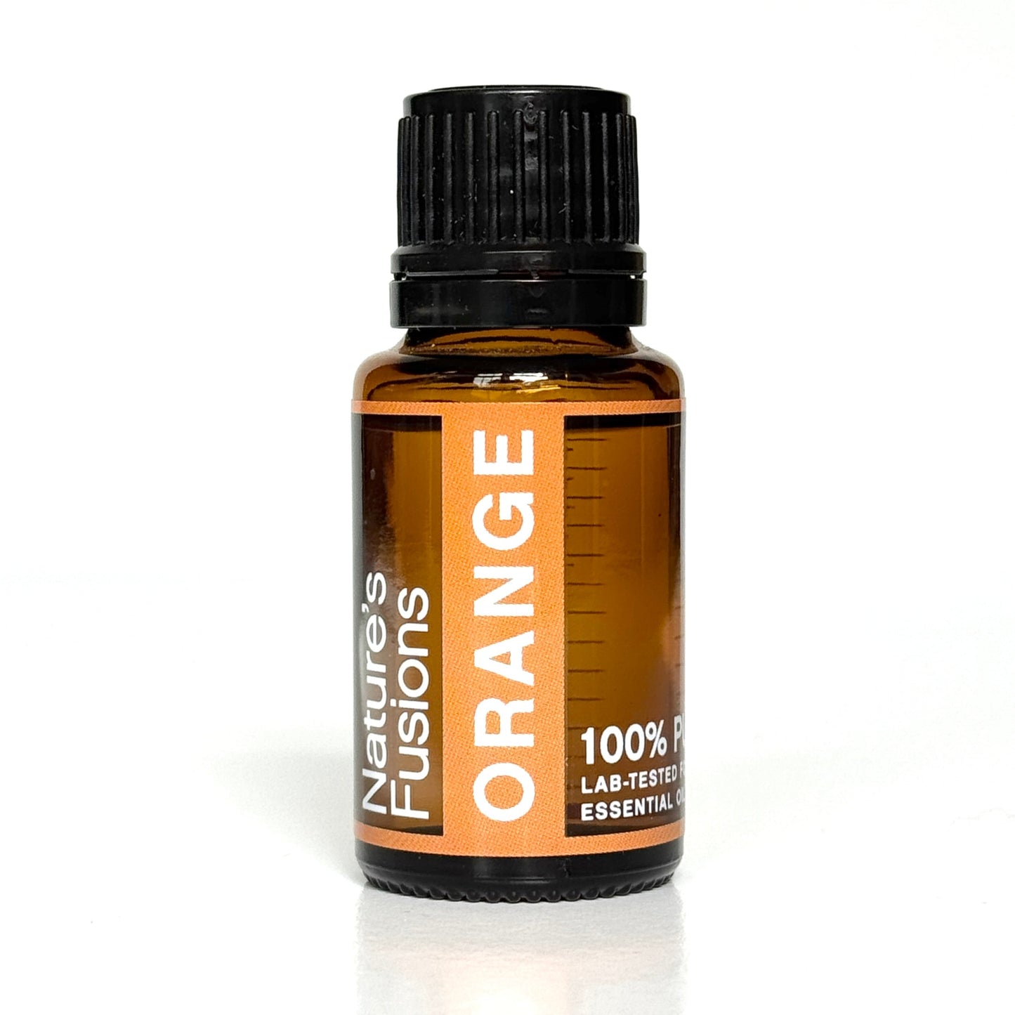 Bottle of Nature's Fusions Orange essential oil on a white background