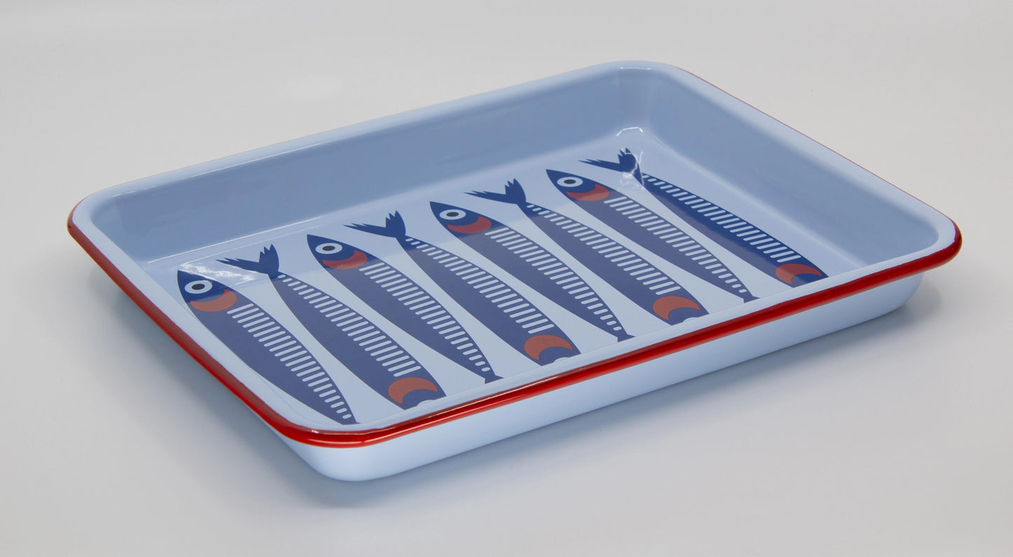 Crow Canyon Enamelware-Mur By Ayca Anchovies Small Rectangle Tray, Red Rim