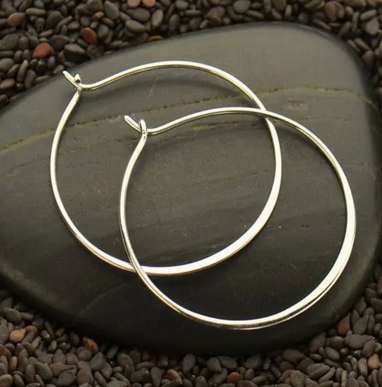 Earrings - Half Hammered Circle Hoops 30mm, Recycled Sterling Silver