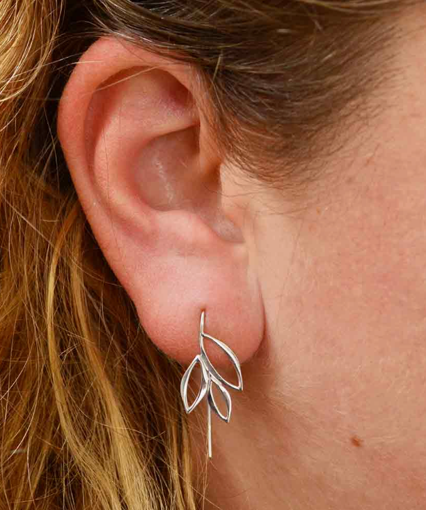 Earrings - Ear Hook with Marquis Leaves, Recycled Sterling Silver