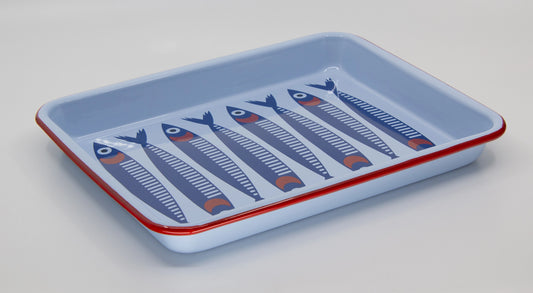 Crow Canyon Enamelware-Mur By Ayca Anchovies Small Rectangle Tray, Red Rim