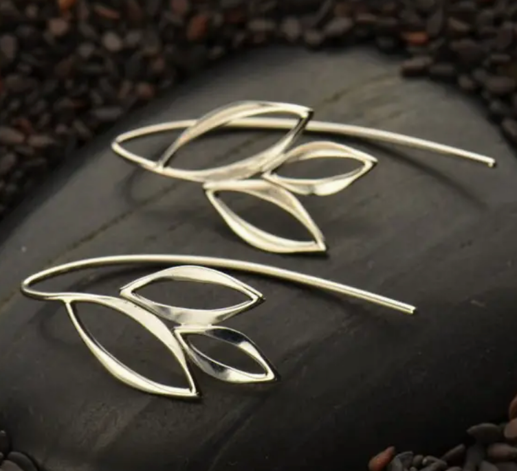 Earrings - Ear Hook with Marquis Leaves, Recycled Sterling Silver