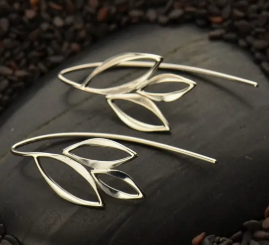 Earrings - Ear Hook with Marquis Leaves, Recycled Sterling Silver