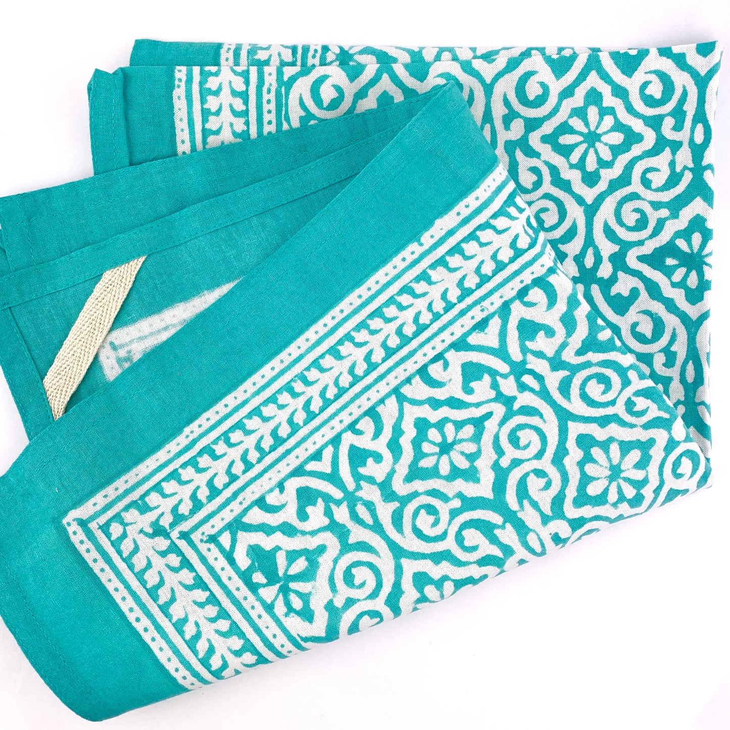 Block Printed Kitchen Towel - Aqua